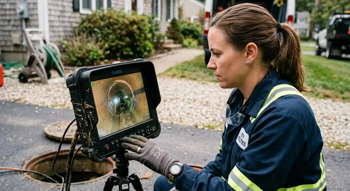 Technician reviewing sewer camera inspection footage in Lemoore Station