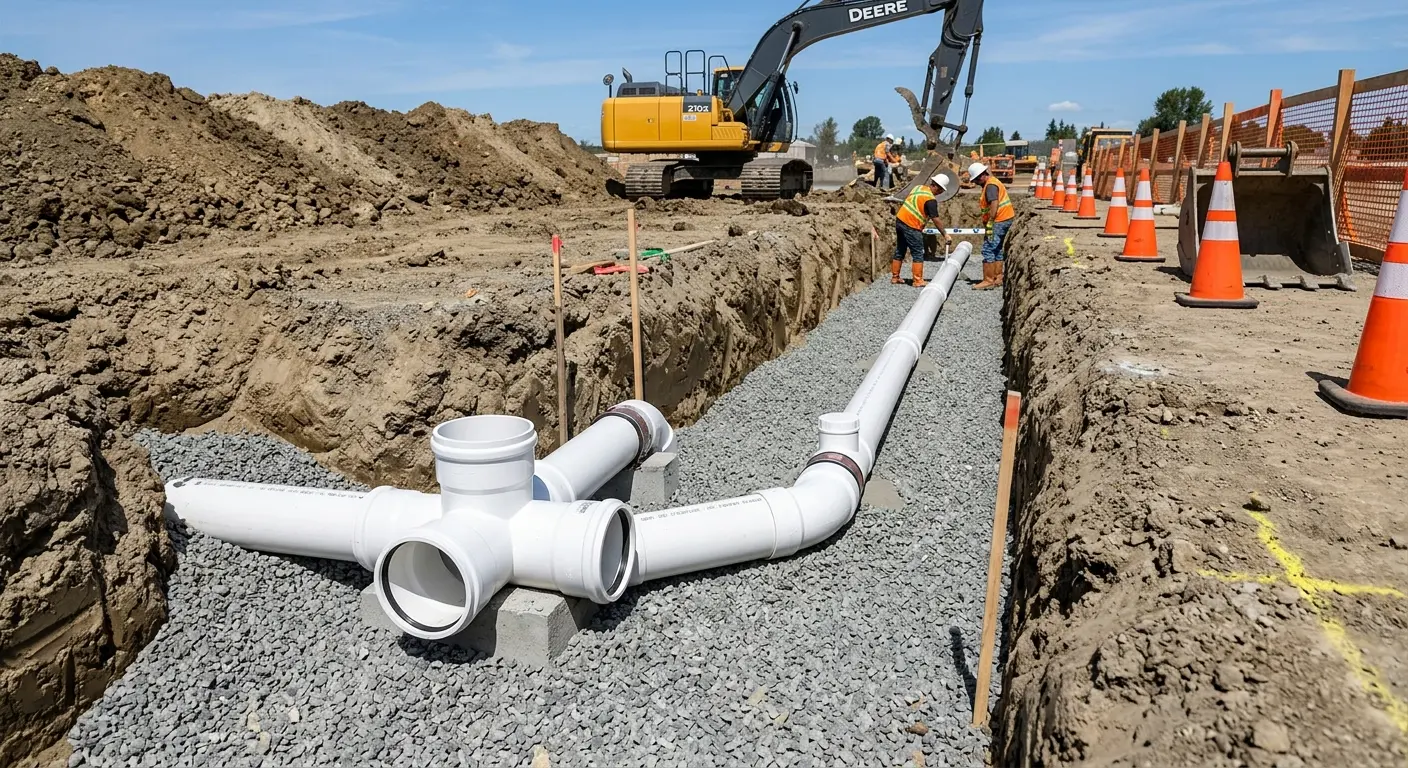 New PVC sewer pipe installation in open trench for Sewer Backup in Lemoore Station