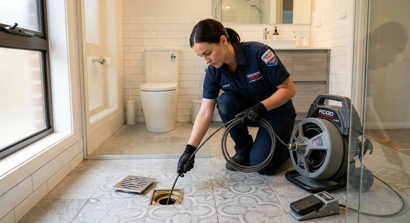 Technician clearing a bathroom floor drain for Sewer Line Replacement in Lemoore Station